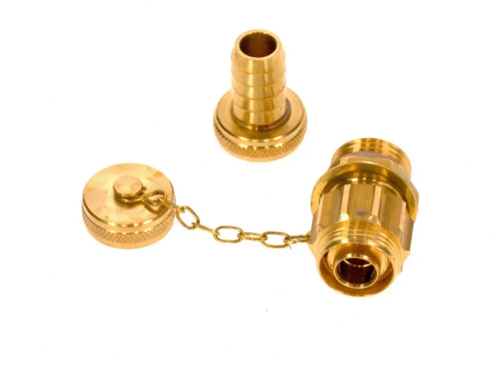 BOSCH Füll- und Entleerventil in Goldfarbe, bestehend aus zwei Teilen mit einem abnehmbaren Deckel und einem Anschlussstück, verbunden durch eine Kette.